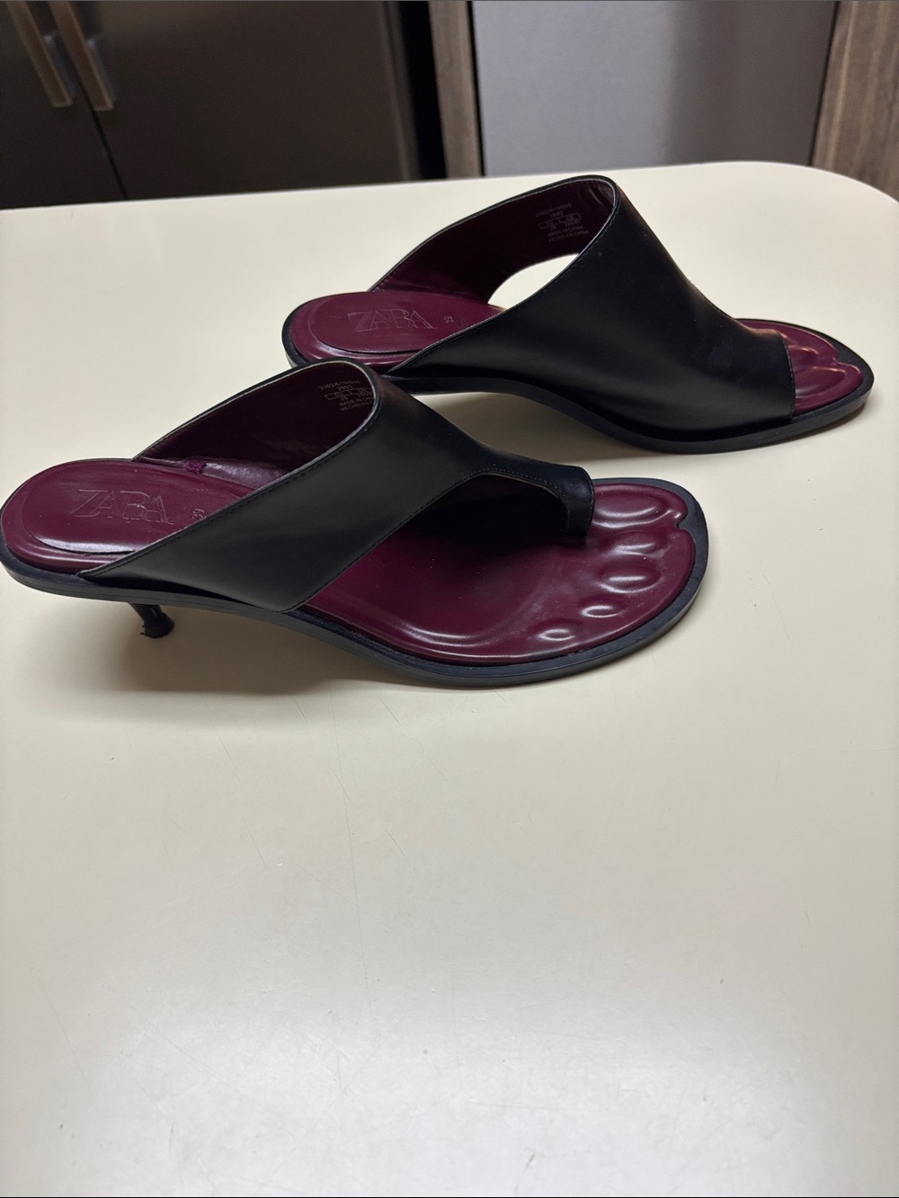 Zara Black Slide Sandal with Burgundy Insole and Kitten Heel